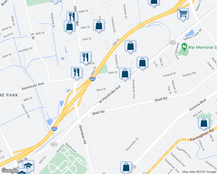 map of restaurants, bars, coffee shops, grocery stores, and more near 703 Childs Avenue in Hampton
