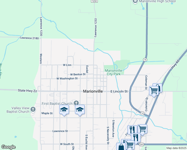 map of restaurants, bars, coffee shops, grocery stores, and more near Central Ave in Marionville
