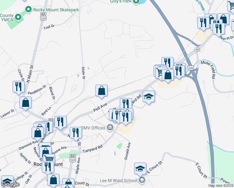 map of restaurants, bars, coffee shops, grocery stores, and more near 521 Pell Avenue in Rocky Mount