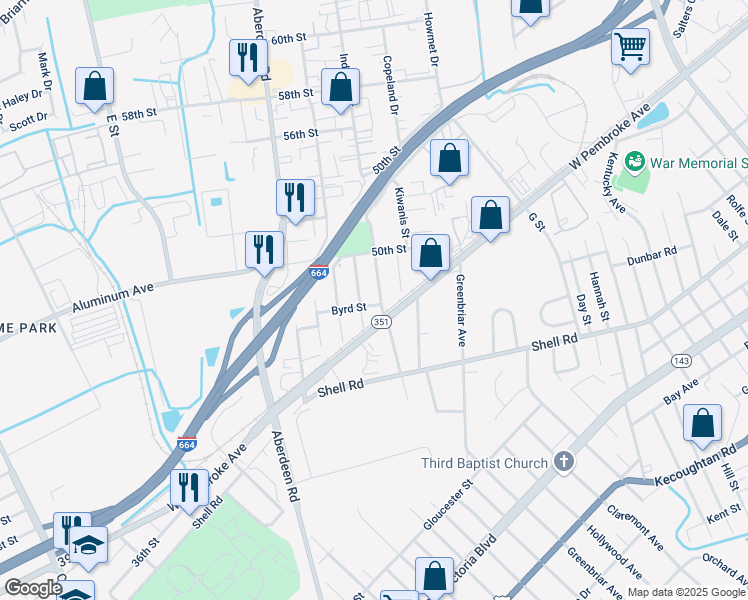map of restaurants, bars, coffee shops, grocery stores, and more near 703 Childs Avenue in Hampton