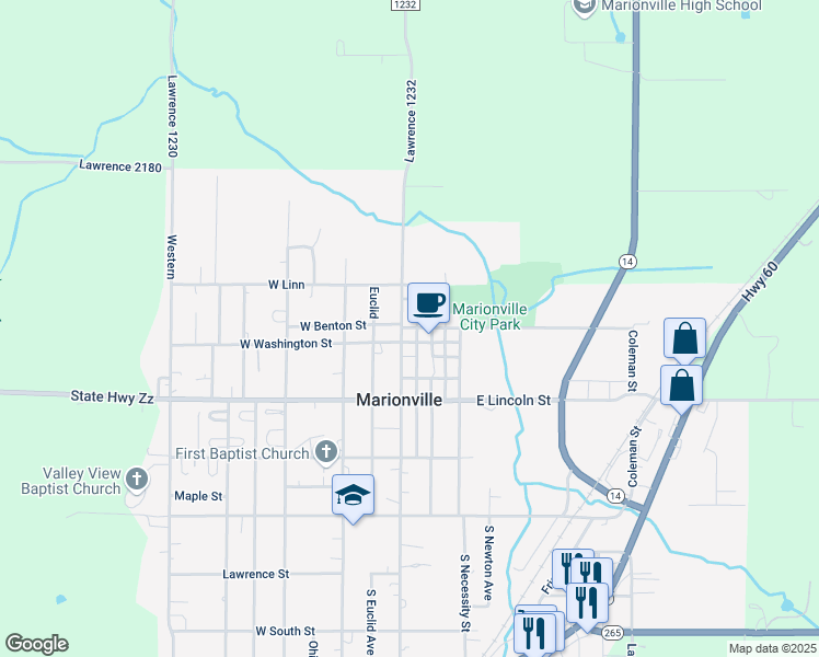 map of restaurants, bars, coffee shops, grocery stores, and more near Central Ave in Marionville