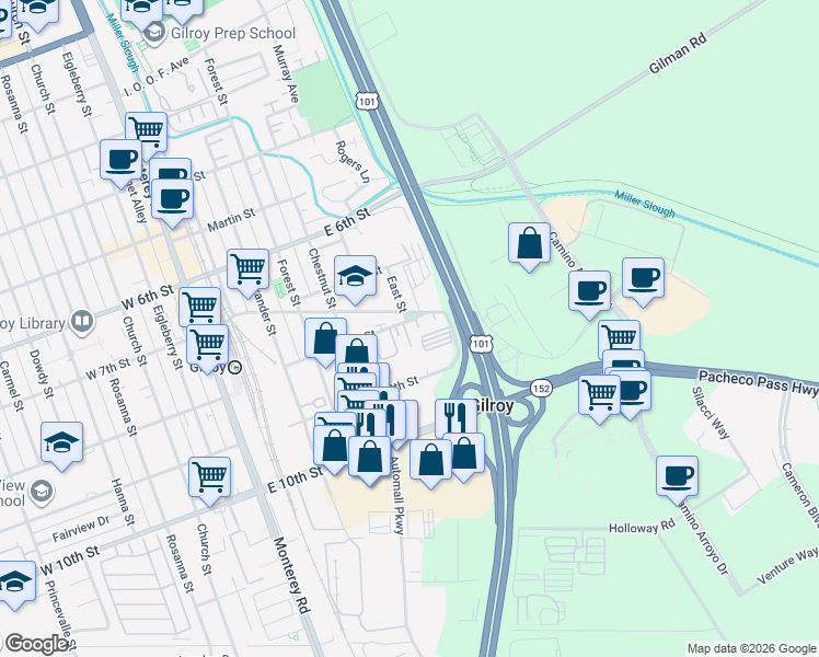 map of restaurants, bars, coffee shops, grocery stores, and more near 7151 Crocker Lane in Gilroy