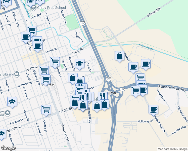 map of restaurants, bars, coffee shops, grocery stores, and more near 7151 Crocker Lane in Gilroy