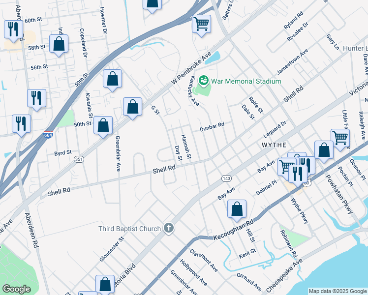 map of restaurants, bars, coffee shops, grocery stores, and more near 613 Hannah Street in Hampton