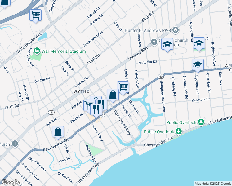 map of restaurants, bars, coffee shops, grocery stores, and more near 232 Pochin Place in Hampton