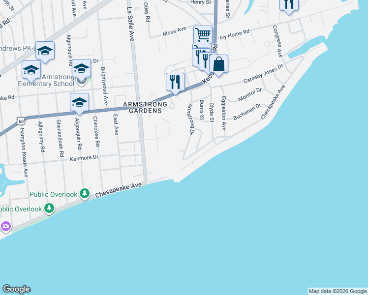 map of restaurants, bars, coffee shops, grocery stores, and more near 105 Armstrong Drive in Hampton