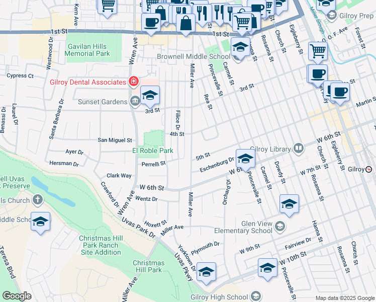 map of restaurants, bars, coffee shops, grocery stores, and more near 7541 Miller Avenue in Gilroy