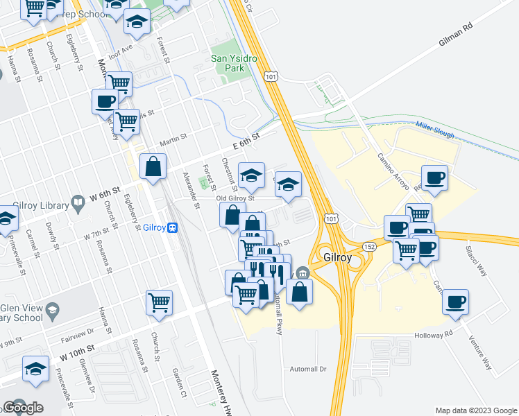 map of restaurants, bars, coffee shops, grocery stores, and more near 423 East 8th Street in Gilroy