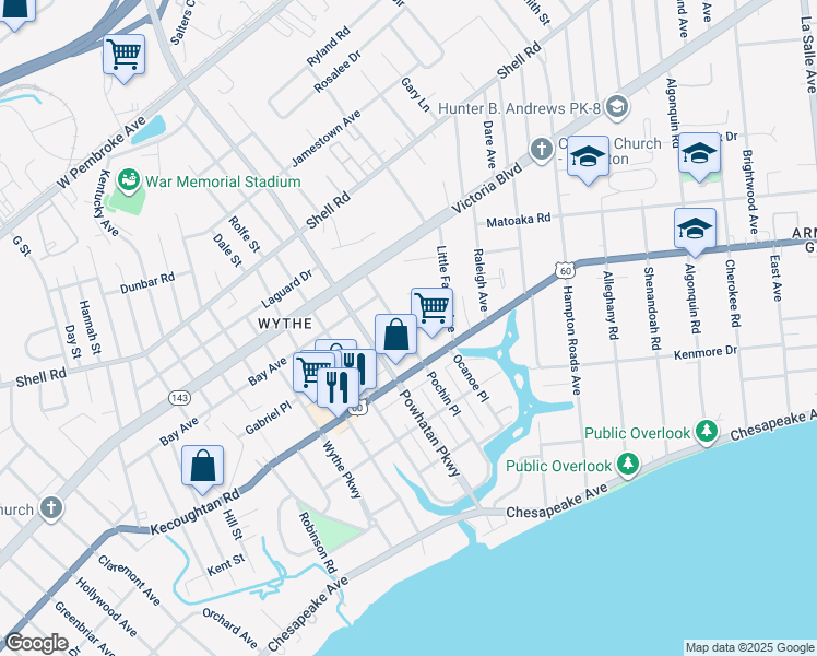 map of restaurants, bars, coffee shops, grocery stores, and more near 232 Pochin Place in Hampton