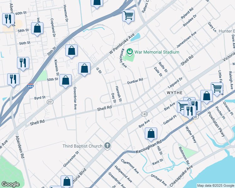map of restaurants, bars, coffee shops, grocery stores, and more near 613 Hannah Street in Hampton