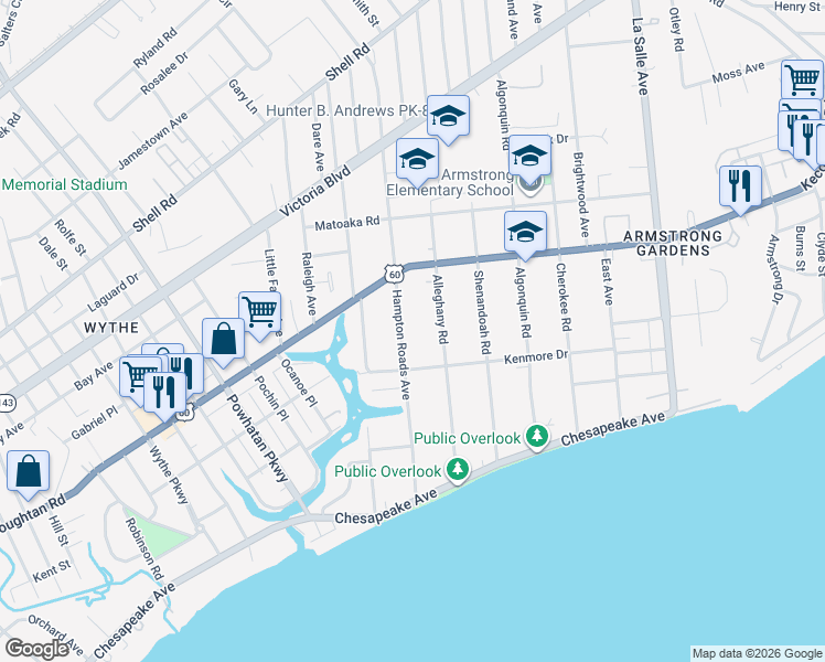map of restaurants, bars, coffee shops, grocery stores, and more near 116 Hampton Roads Avenue in Hampton