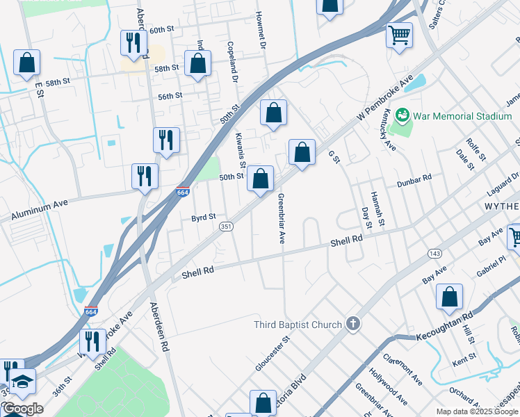 map of restaurants, bars, coffee shops, grocery stores, and more near 660 Vaughan Avenue in Hampton