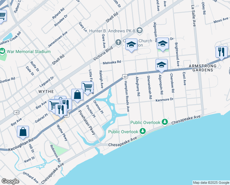 map of restaurants, bars, coffee shops, grocery stores, and more near 139 Manteo Avenue in Hampton