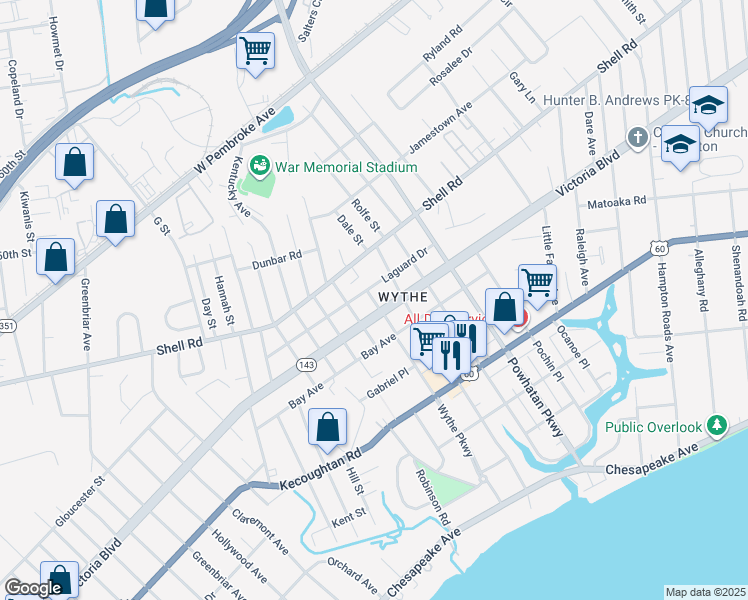map of restaurants, bars, coffee shops, grocery stores, and more near Courtland Avenue in Hampton