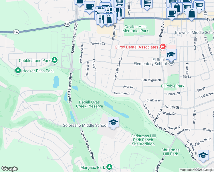 map of restaurants, bars, coffee shops, grocery stores, and more near 7521 Santa Barbara Drive in Gilroy