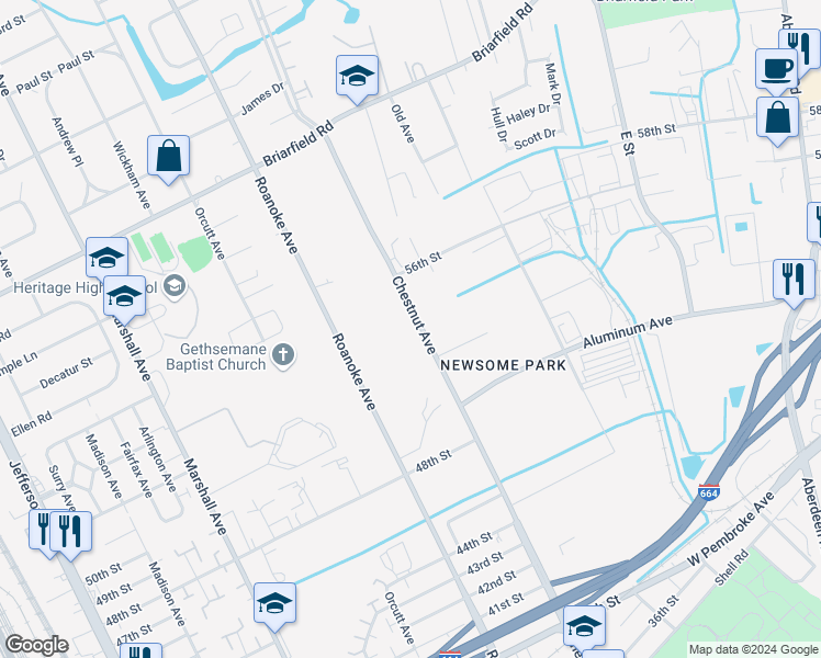 map of restaurants, bars, coffee shops, grocery stores, and more near 5307 Chestnut Avenue in Newport News