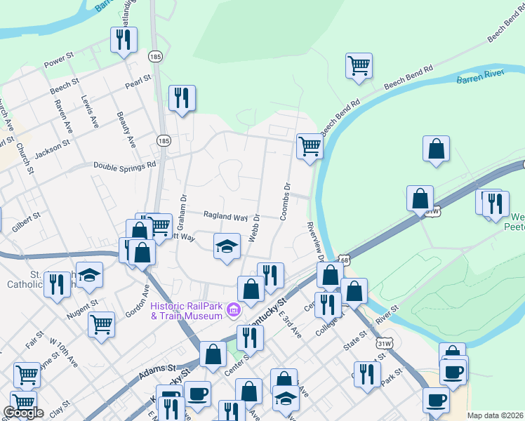 map of restaurants, bars, coffee shops, grocery stores, and more near 206-216 Ragland Ln in Bowling Green