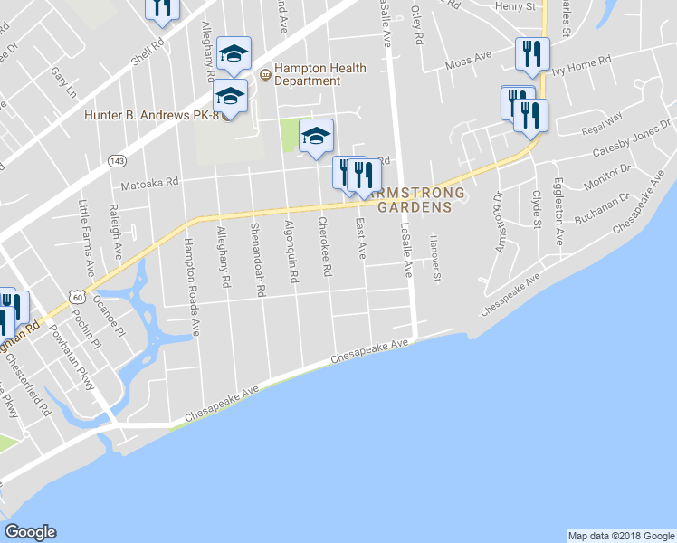 map of restaurants, bars, coffee shops, grocery stores, and more near 3509 Kenmore Drive in Hampton