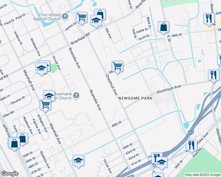 map of restaurants, bars, coffee shops, grocery stores, and more near 5307 Chestnut Avenue in Newport News