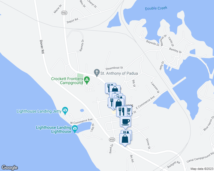 map of restaurants, bars, coffee shops, grocery stores, and more near J H O'Bryan Avenue in Grand Rivers