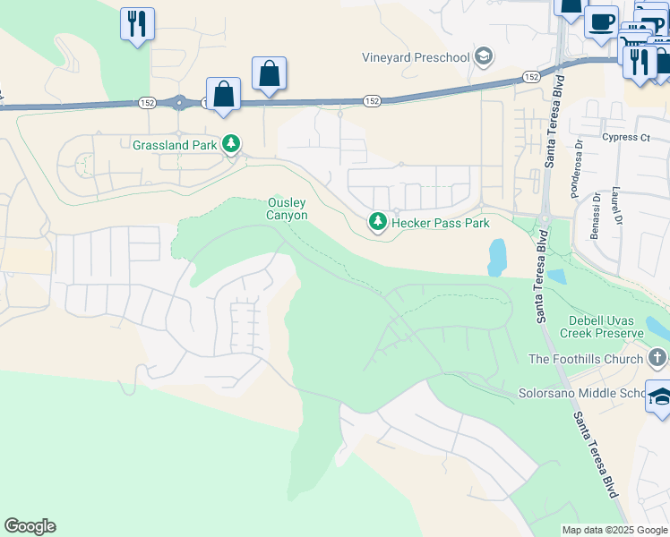 map of restaurants, bars, coffee shops, grocery stores, and more near 2316 Club Drive in Gilroy