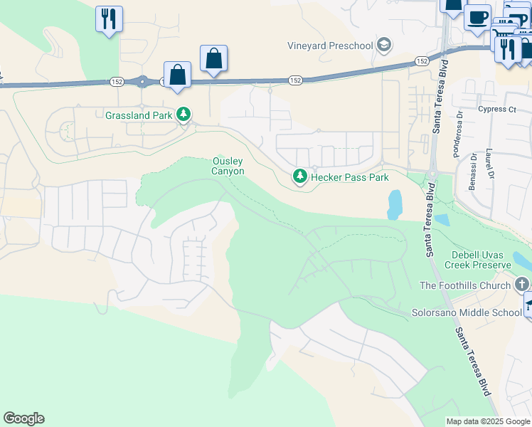 map of restaurants, bars, coffee shops, grocery stores, and more near 2316 Club Drive in Gilroy