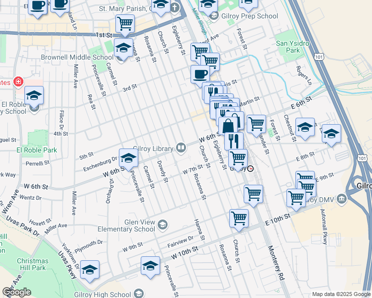map of restaurants, bars, coffee shops, grocery stores, and more near 7387 Rosanna Street in Gilroy