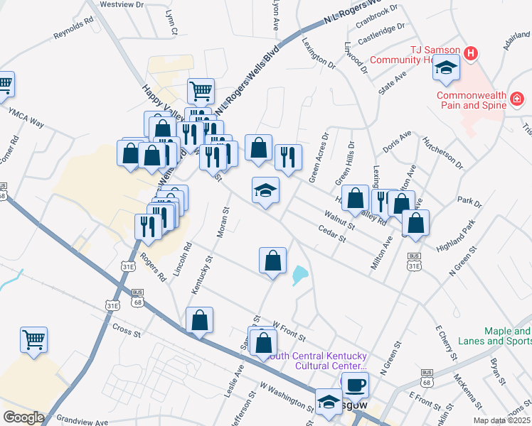 map of restaurants, bars, coffee shops, grocery stores, and more near 629 West Cherry Street in Glasgow