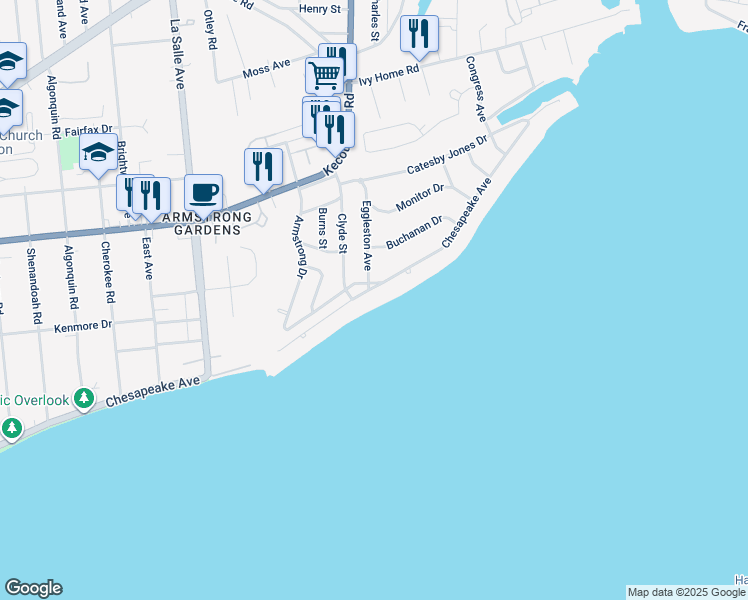 map of restaurants, bars, coffee shops, grocery stores, and more near 3908 Chesapeake Avenue in Hampton