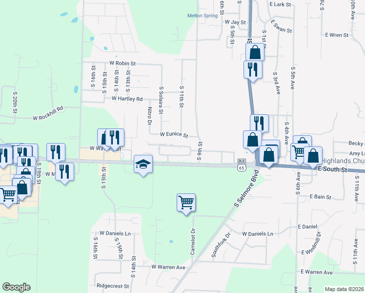 map of restaurants, bars, coffee shops, grocery stores, and more near 1011 West Windsor Street in Ozark