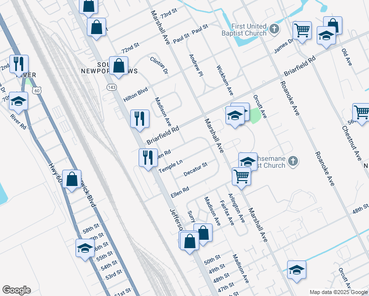 map of restaurants, bars, coffee shops, grocery stores, and more near 620 Ellen Road in Newport News