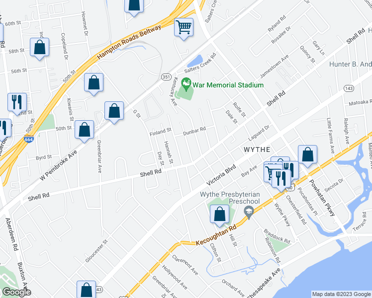 map of restaurants, bars, coffee shops, grocery stores, and more near 611 Delaware Avenue in Hampton