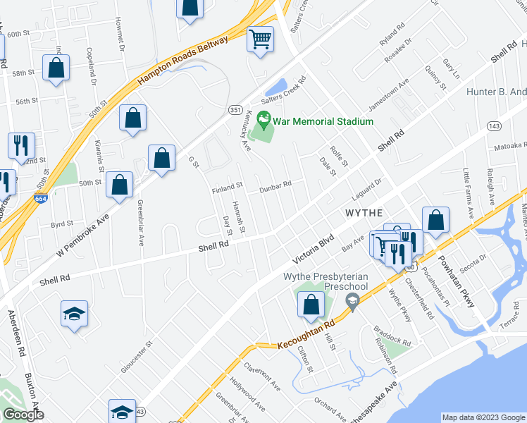 map of restaurants, bars, coffee shops, grocery stores, and more near 611 Delaware Avenue in Hampton