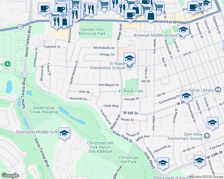 map of restaurants, bars, coffee shops, grocery stores, and more near 1065 Ayer Drive in Gilroy