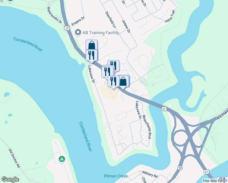 map of restaurants, bars, coffee shops, grocery stores, and more near 1253 Lakeview Drive in Somerset