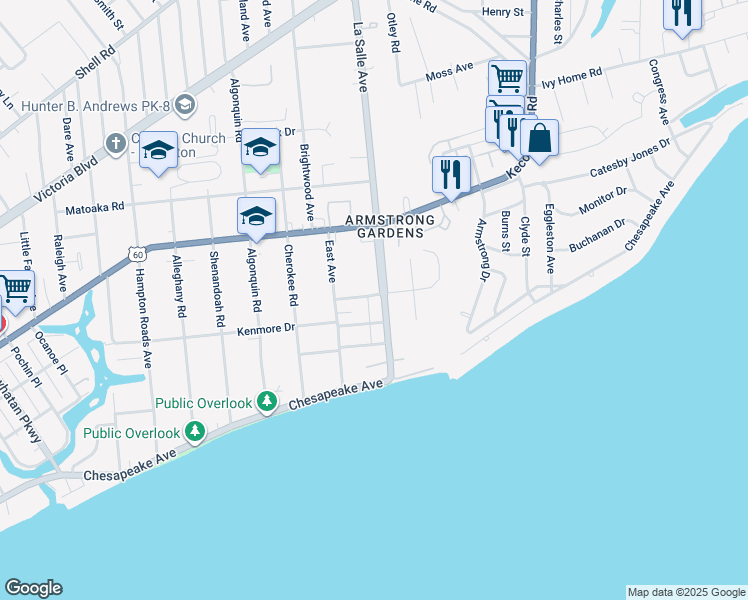map of restaurants, bars, coffee shops, grocery stores, and more near 123 LaSalle Avenue in Hampton