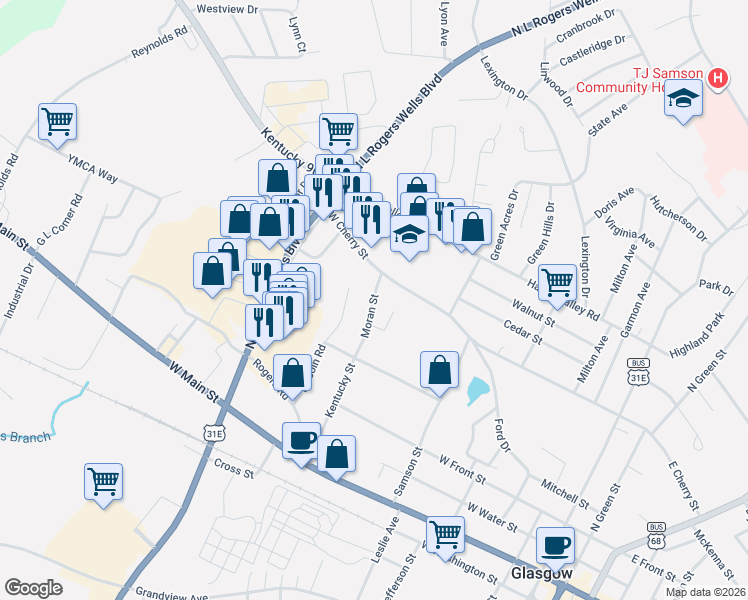 map of restaurants, bars, coffee shops, grocery stores, and more near 101-199 Myrtle Street in Glasgow