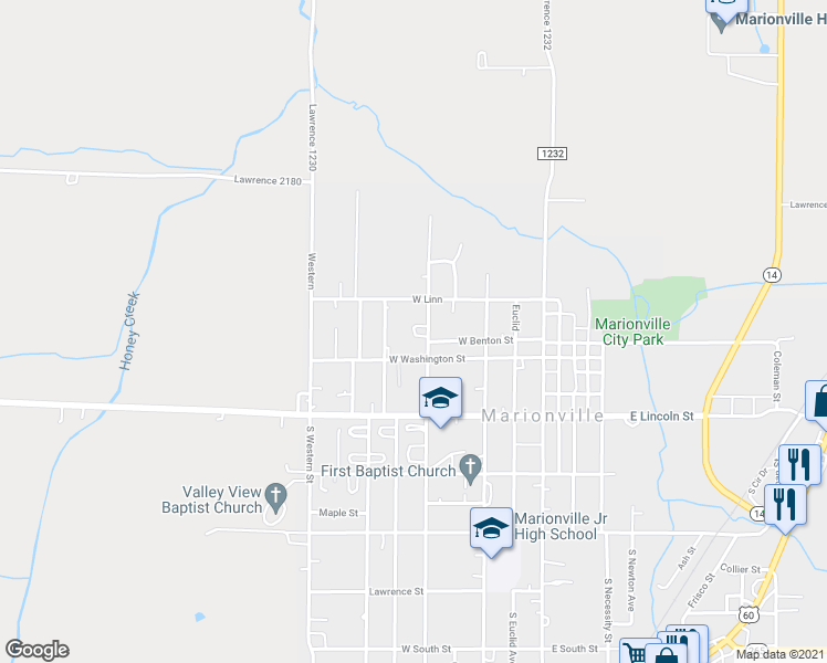 map of restaurants, bars, coffee shops, grocery stores, and more near 105 N Missouri St in Marionville