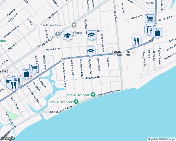map of restaurants, bars, coffee shops, grocery stores, and more near 125 Algonquin Road in Hampton