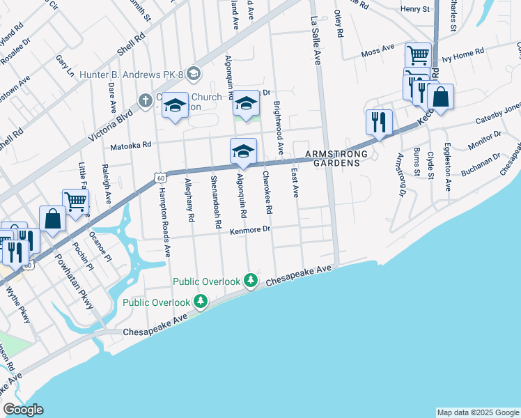 map of restaurants, bars, coffee shops, grocery stores, and more near 131 Cherokee Road in Hampton