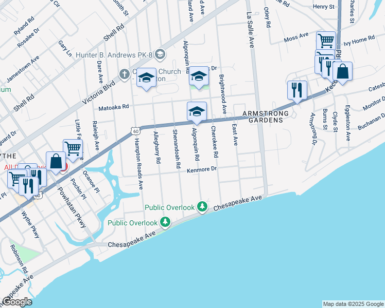 map of restaurants, bars, coffee shops, grocery stores, and more near 125 Algonquin Road in Hampton