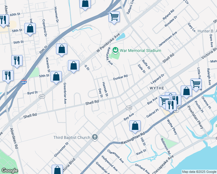 map of restaurants, bars, coffee shops, grocery stores, and more near 604 Pennsylvania Avenue in Hampton