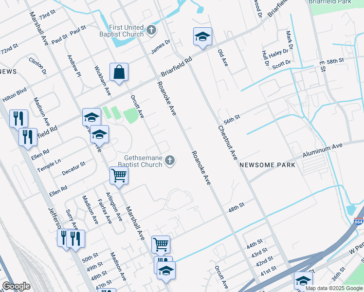 map of restaurants, bars, coffee shops, grocery stores, and more near 5403 Roanoke Avenue in Newport News