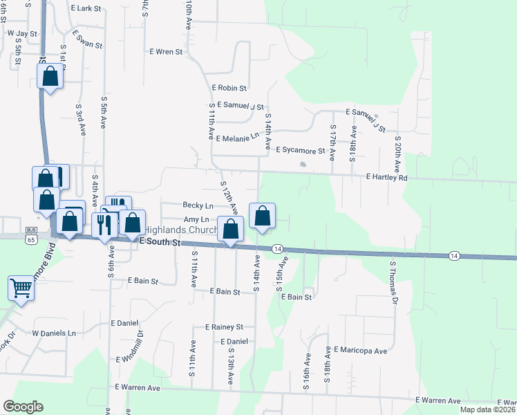 map of restaurants, bars, coffee shops, grocery stores, and more near 1582 South 14th Avenue in Ozark