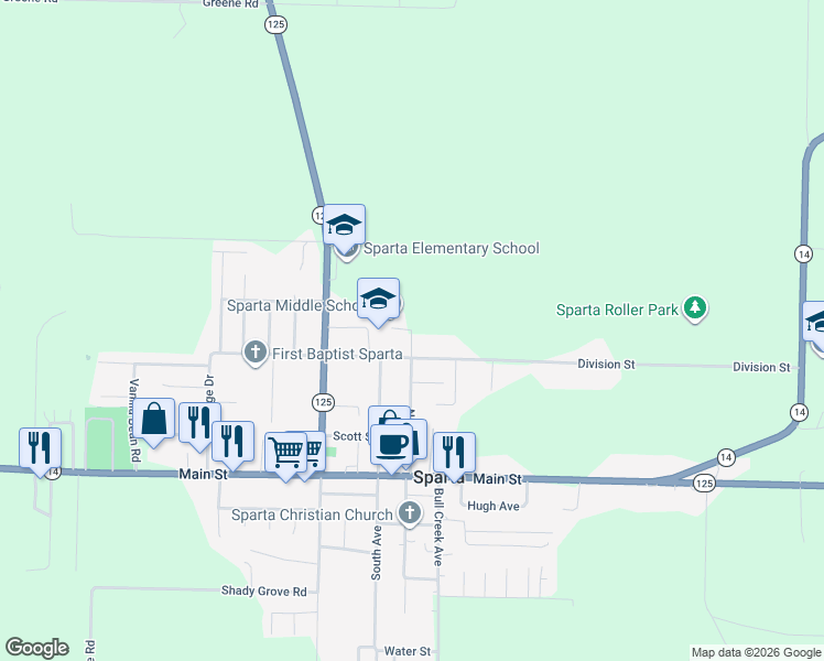 map of restaurants, bars, coffee shops, grocery stores, and more near 498 North Oak Avenue in Sparta