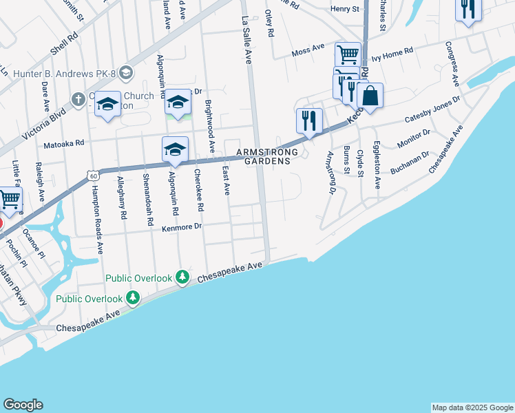 map of restaurants, bars, coffee shops, grocery stores, and more near 123 LaSalle Avenue in Hampton