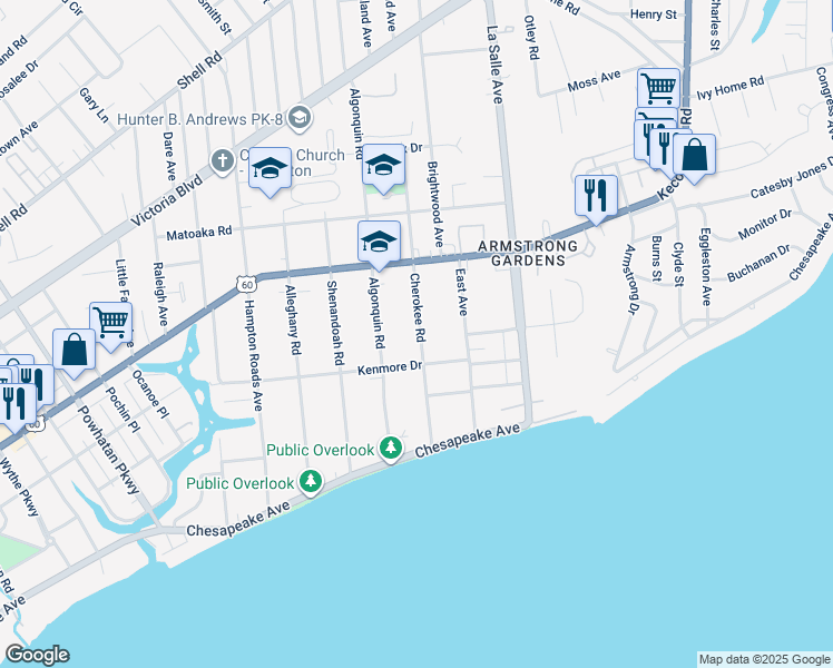 map of restaurants, bars, coffee shops, grocery stores, and more near 131 Cherokee Road in Hampton