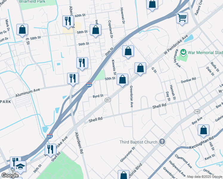 map of restaurants, bars, coffee shops, grocery stores, and more near 713 Spruce Street in Hampton