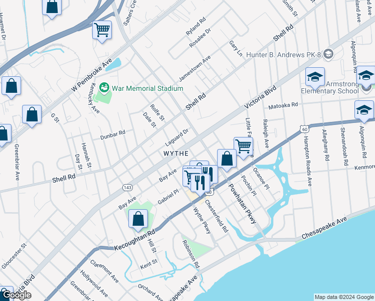 map of restaurants, bars, coffee shops, grocery stores, and more near 2420 Victoria Boulevard in Hampton