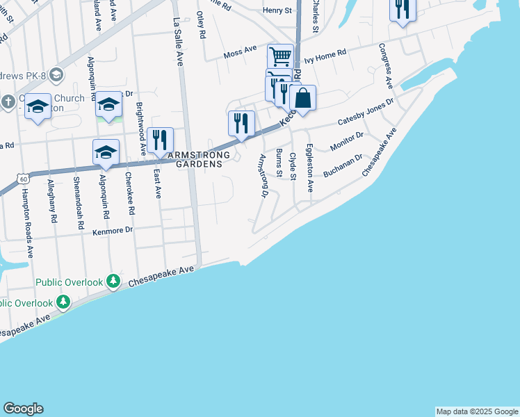 map of restaurants, bars, coffee shops, grocery stores, and more near 121 Armstrong Drive in Hampton